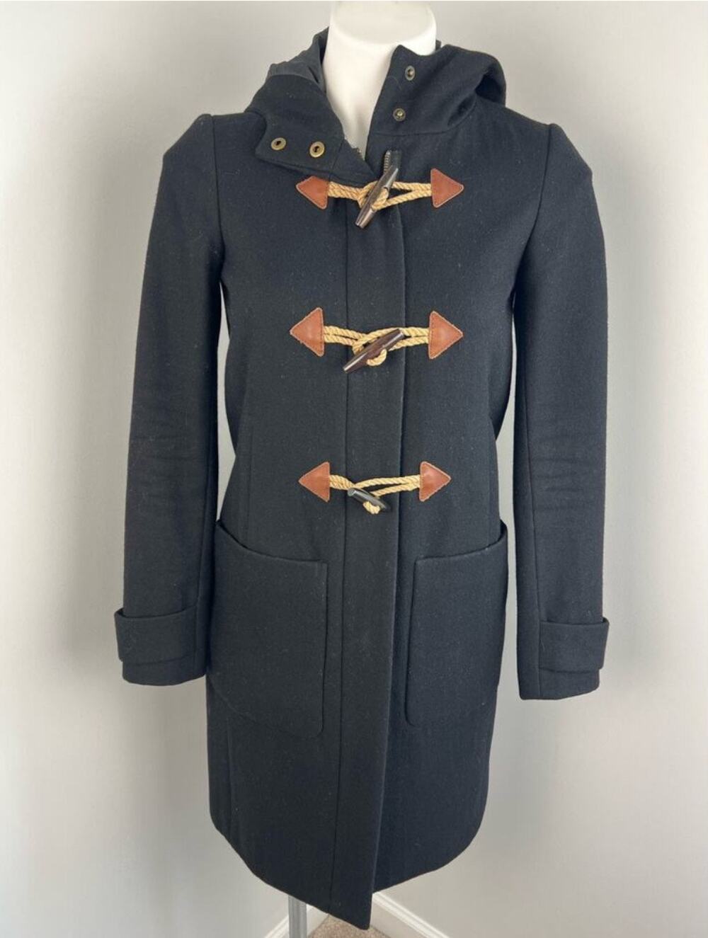 J.Crew Black Wool Blend Toggle Coat Hooded Peacoat 00 Nautical Preppy